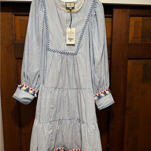 Tuckernuck Blue Striped Dress with Pom-Pom Accents